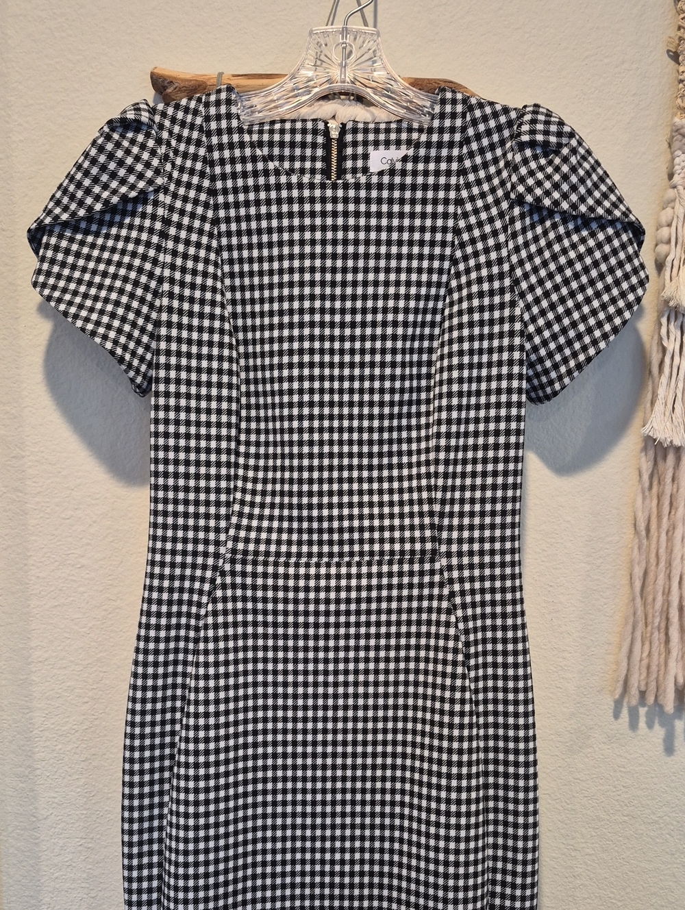 Calvin Klein Black & White Gingham Check Short Tulip Sleeve Sheath Midi Dress 2